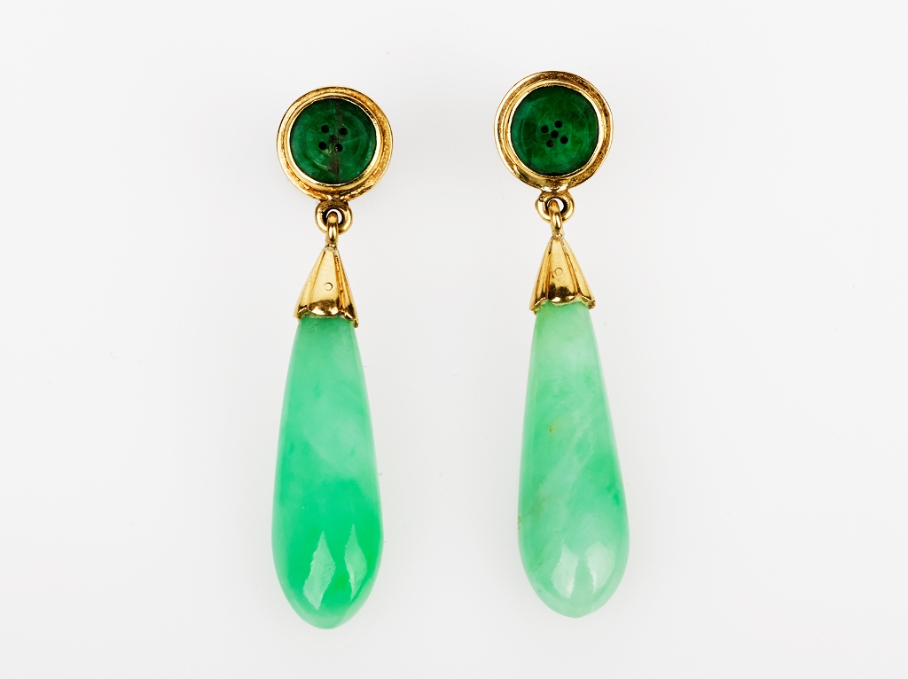 Pair of Jade and Green Stone Drop Earrings - Shapiro Auctioneers