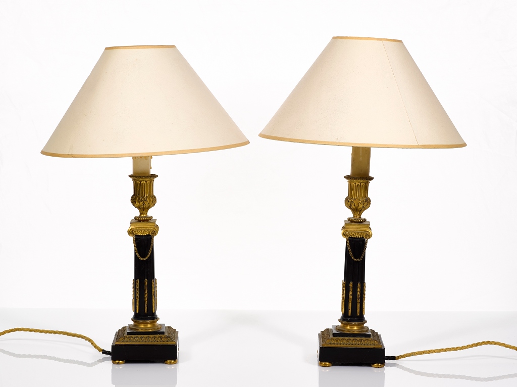 Pair of Second Empire Bronze and Black Marble Table Lamps
