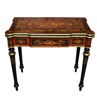 French Ormolu Mounted Ebonised, Amboyna and Marquetry Card Table, 19th Century