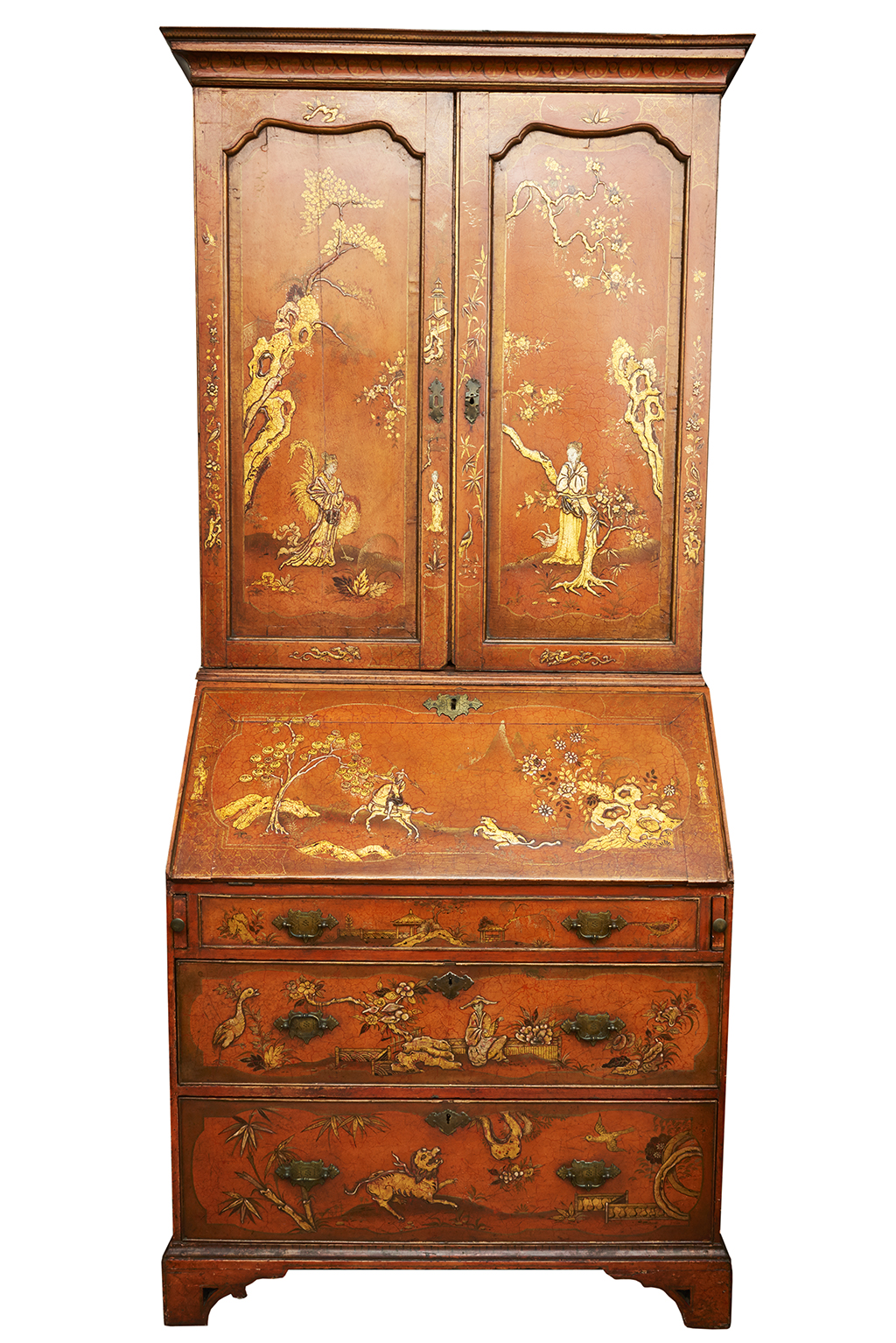Chinoiserie Lacca Povera Orange Painted Bureau Cabinet