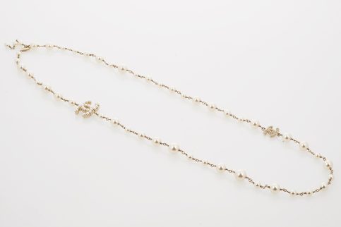 CHANEL CHANEL CC Crystal Pearl Necklace Double Roll Gold Chain
